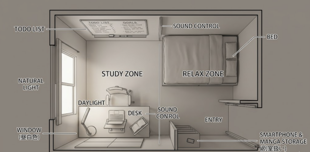 「最強の自習室」東大生流・集中勉強部屋のレイアウト図面